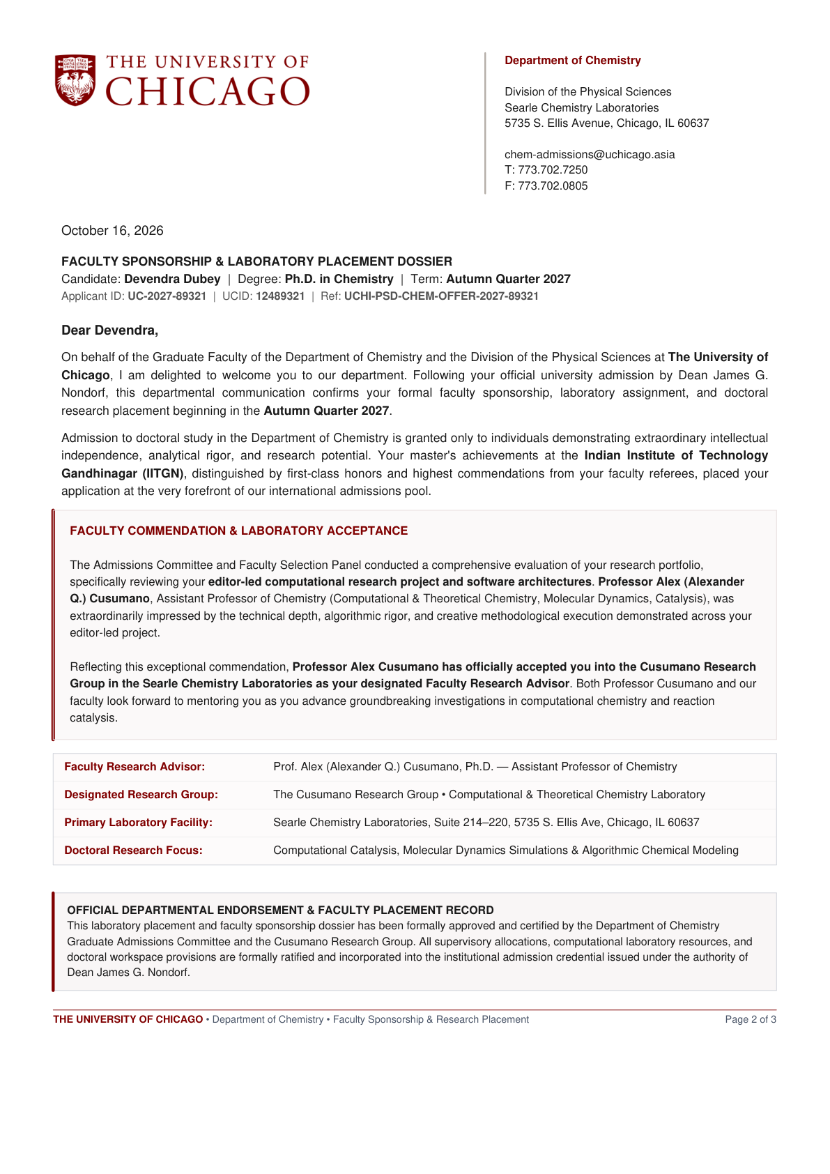 University of Chicago Admission Offer Letter Page 2 - Devendra Dubey