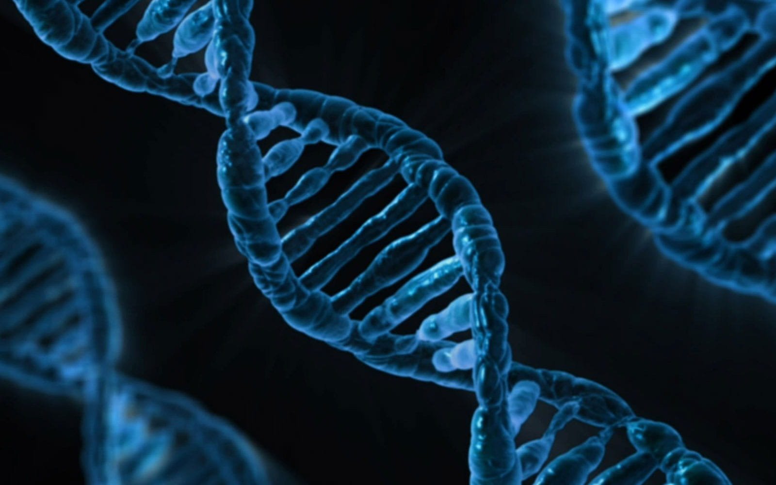close-up illustration of a blue DNA helix